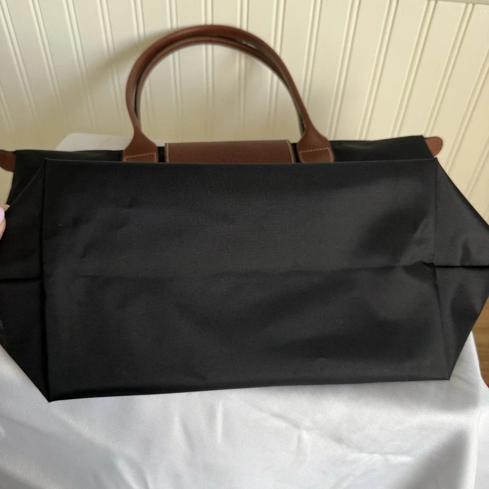 LONGCHAMP Le Pliage Black Nylon Leather Shoulder Bag Tote Zip Purse EUC - Picture 5 of 12